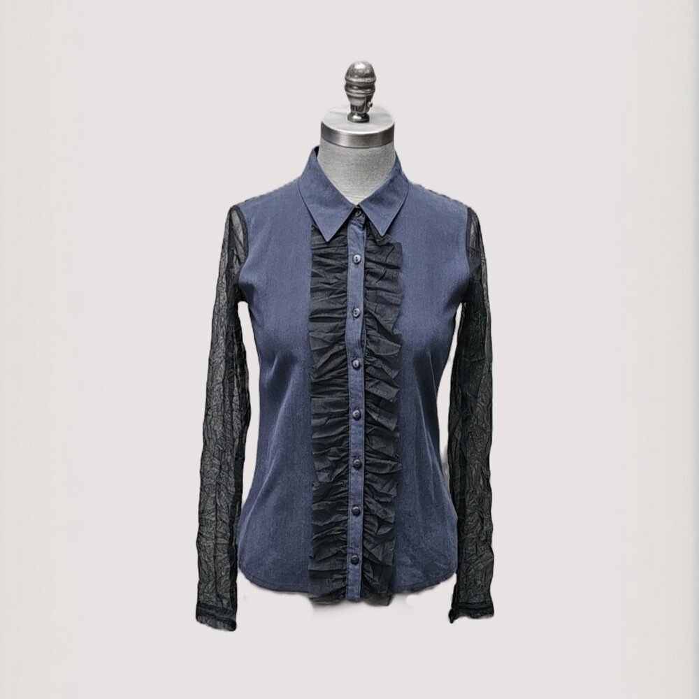 Nor Sheer Navy Ruffle Front Blouse